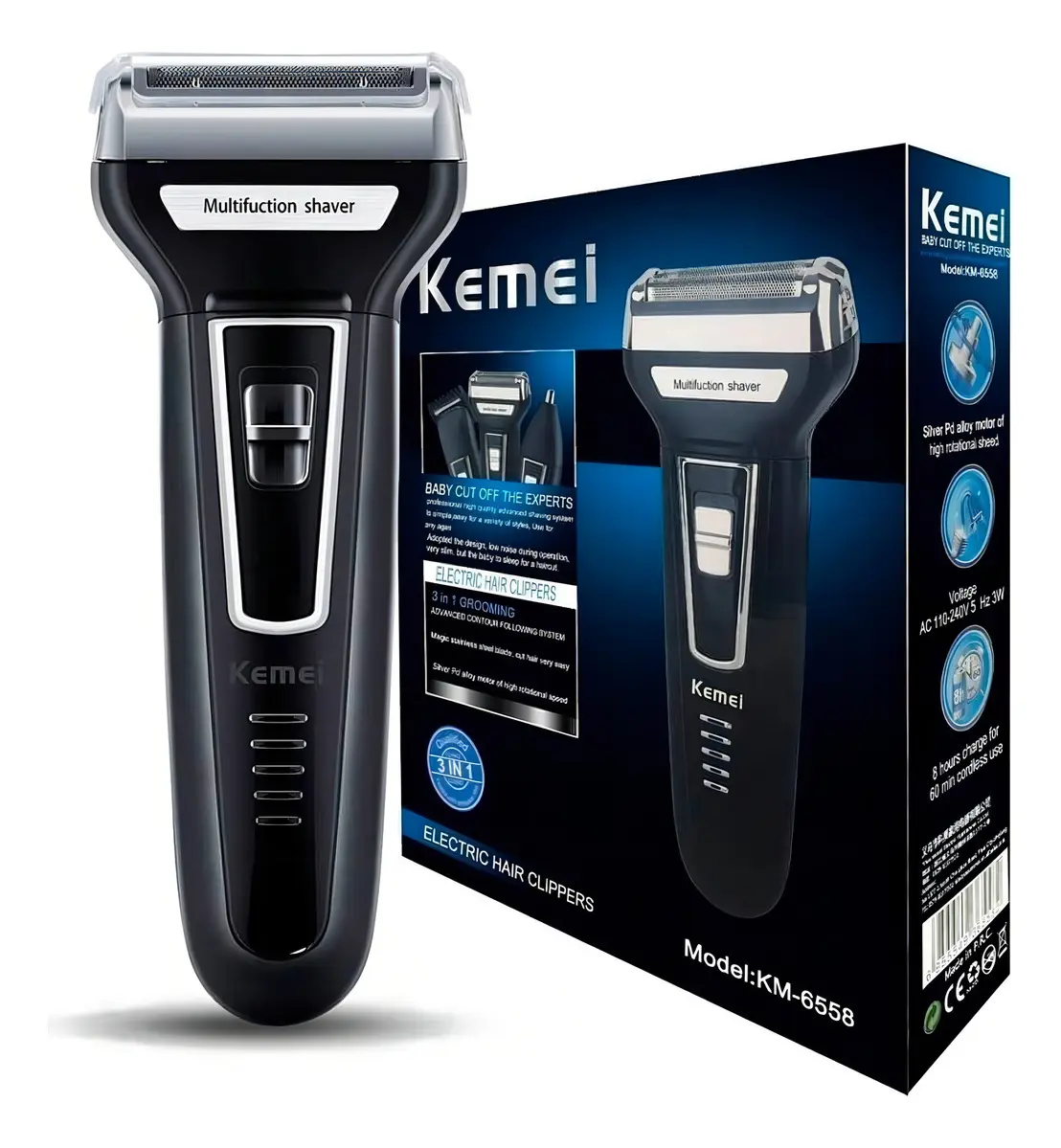 Barbeador Aparador 3 em 1 Kemei KM-6558 Nariz Barba Cabelo Recarregável